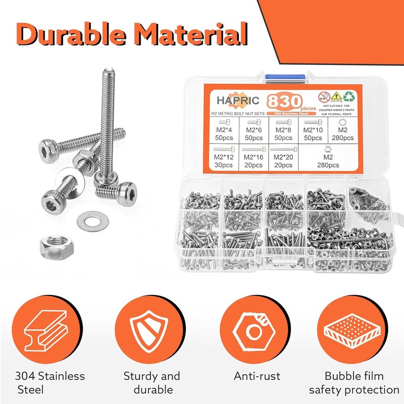 Hapric 830 Pcs M2 Screws Assortment Kit Metric Nuts and Bolts M2*4mm/6mm/8mm/10mm/12mm/16mm/20mm Metric Machine Screw Kit, 304 Stainless Steel Hex Socket Head Screws Nuts Bolts and Washers Set - Image 4